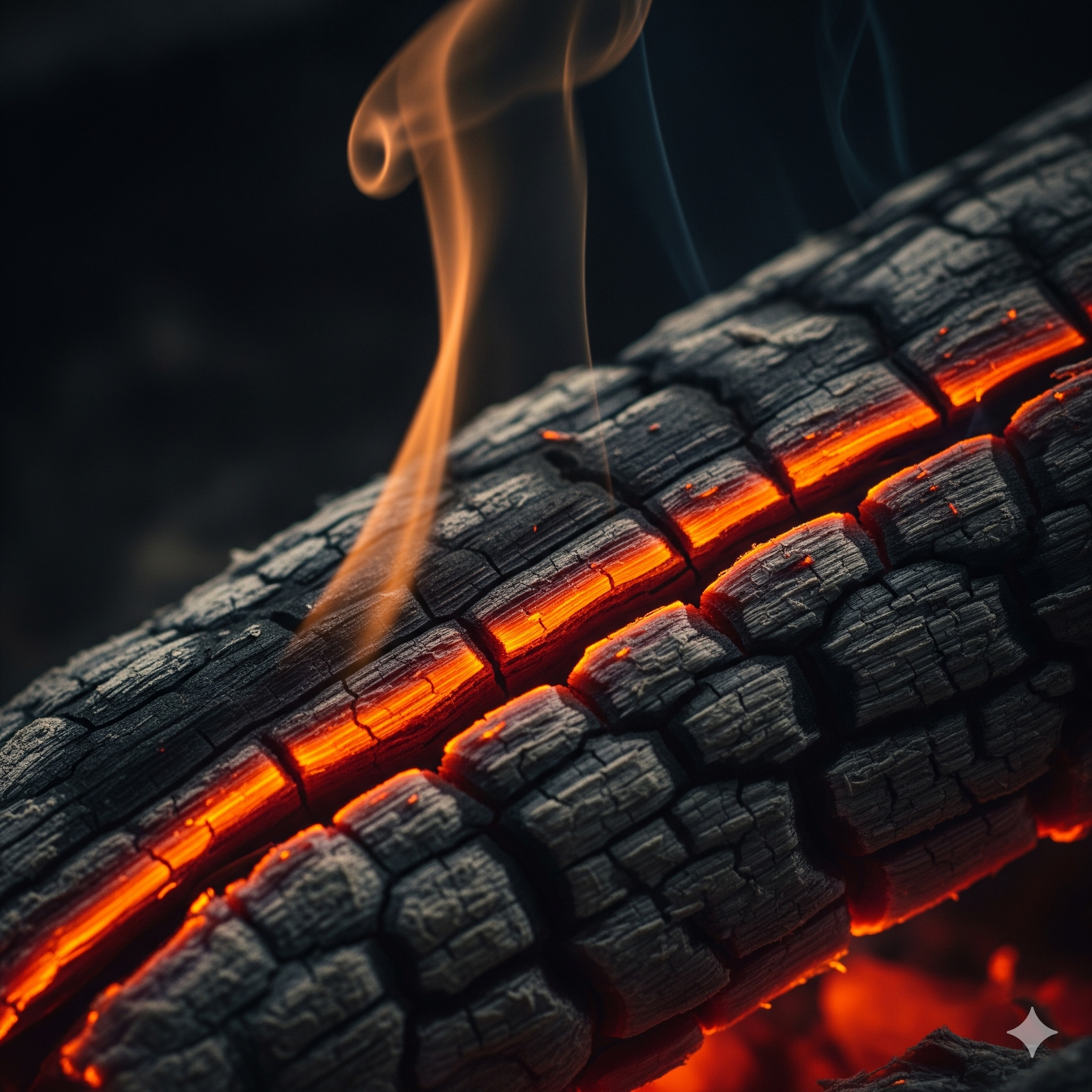 Logo for the Ash & Ember scent collection, featuring a stone bowl with smoking embers and cedar.