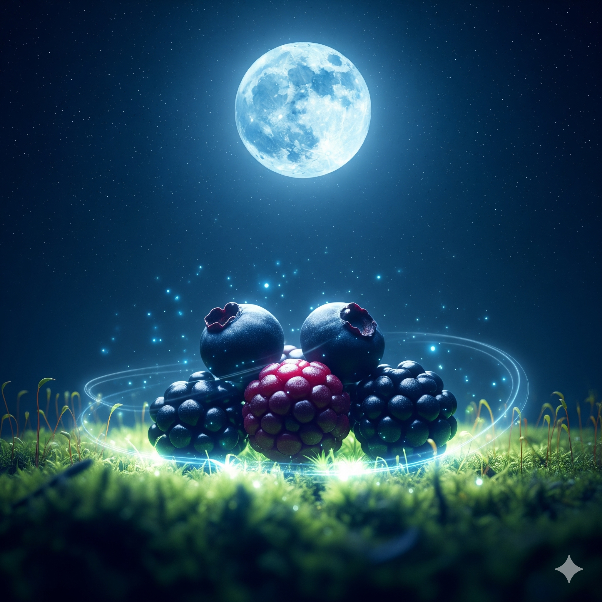 Logo for the Blue Moon scent collection, featuring a sparkling blue moon surrounded by blueberries.