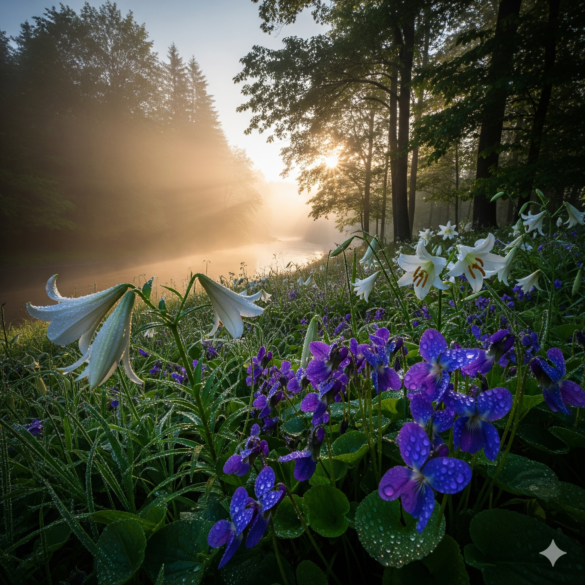 Logo for the Dawnland Mist scent collection, featuring misty flowers like lilies and violets.