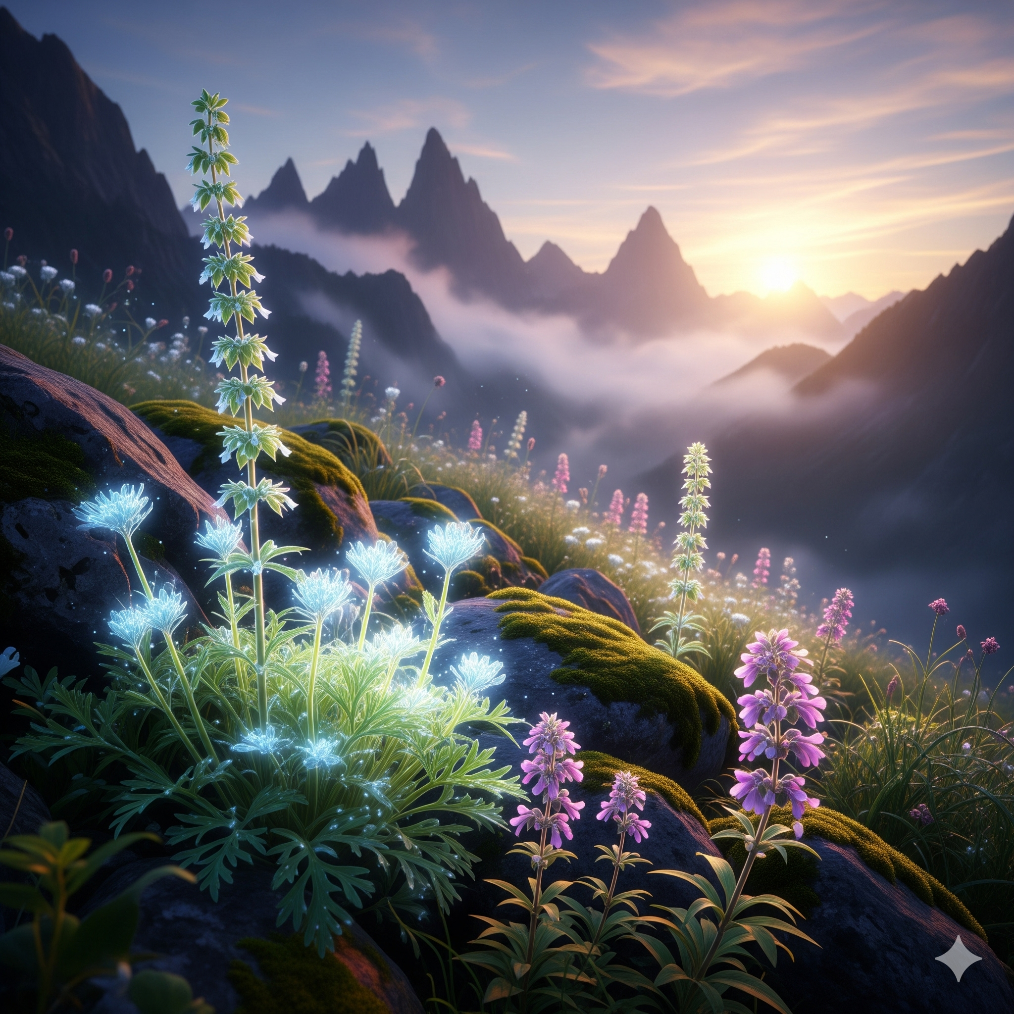 Logo for the Mountain Whisper scent collection, featuring a mountain range with herbs in the foreground.