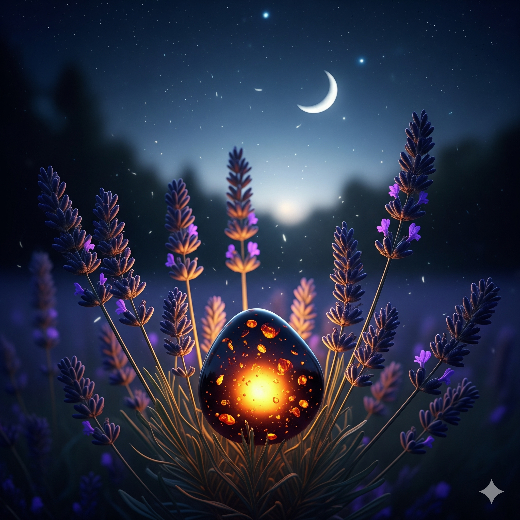 Logo for the Night Bloom scent collection, featuring lavender, a crescent moon, and a polished dark stone.
