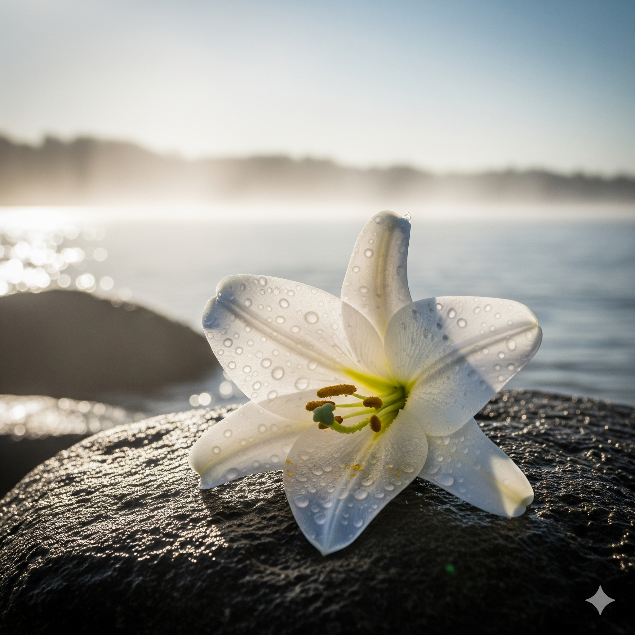 Logo for the Saltflower scent collection, featuring a pink lily on a background of ocean waves.