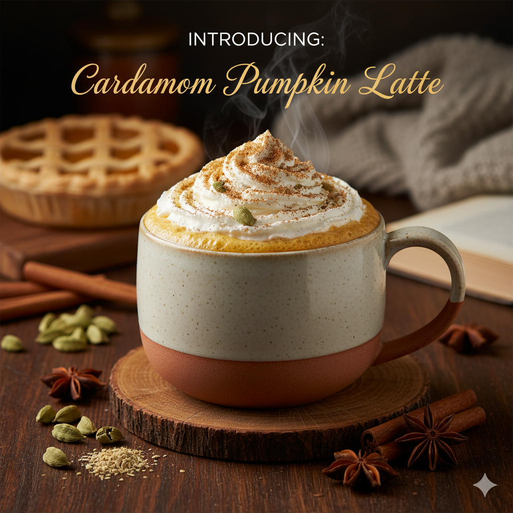 A warm pumpkin spice latte topped with whipped cream and a sprinkle of cardamom.