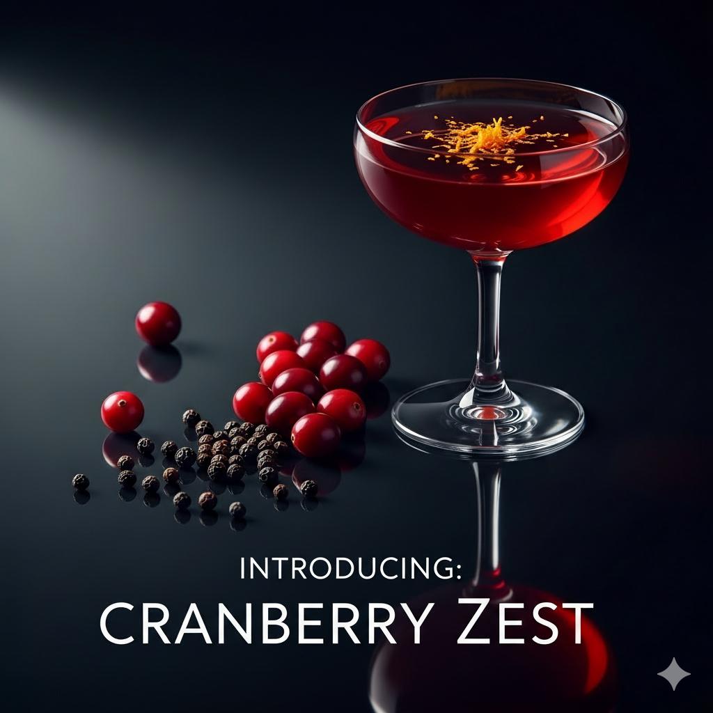 A festive red cranberry cocktail in a coupe glass, garnished with orange zest.