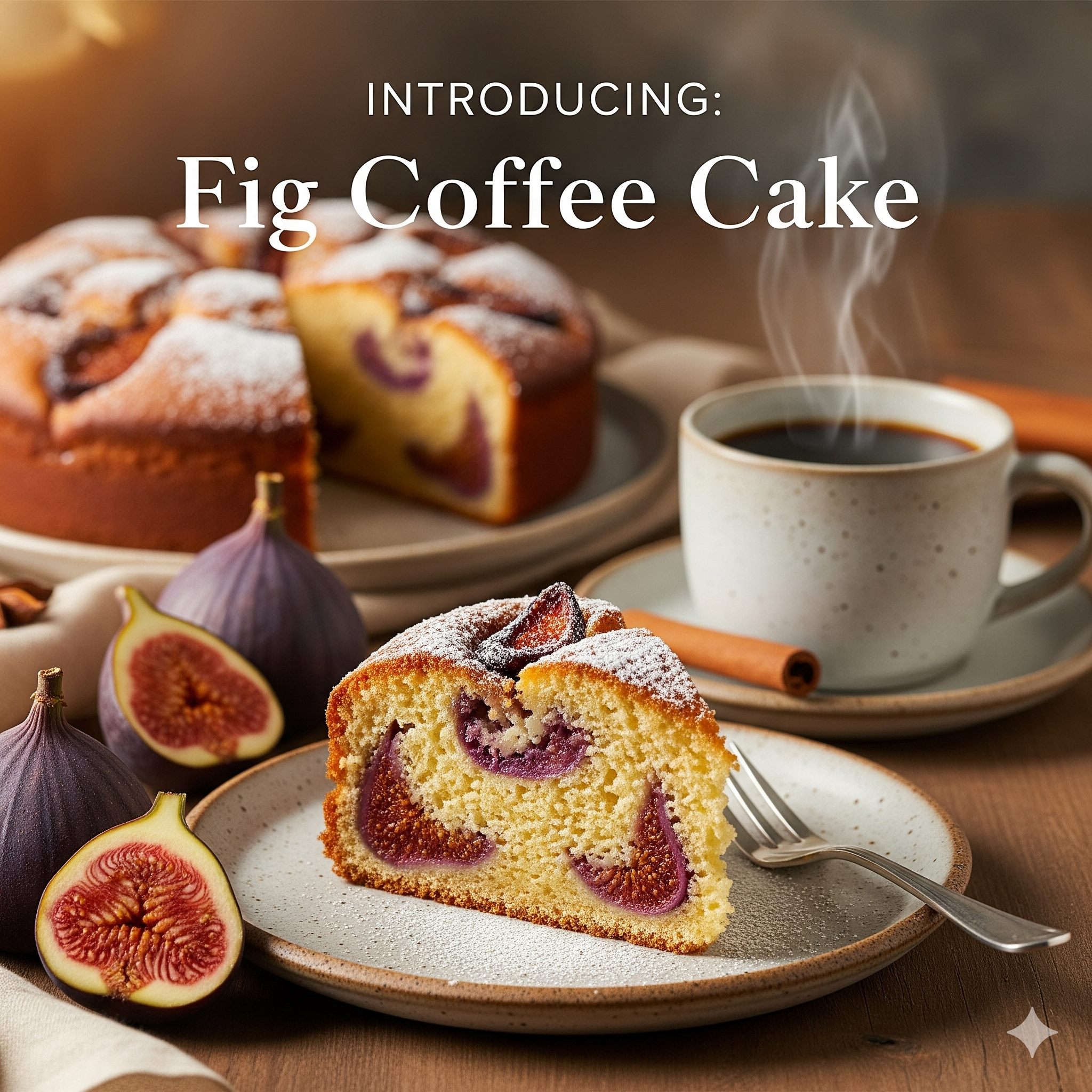 A slice of coffee cake with fresh figs on a plate next to a cup of coffee.