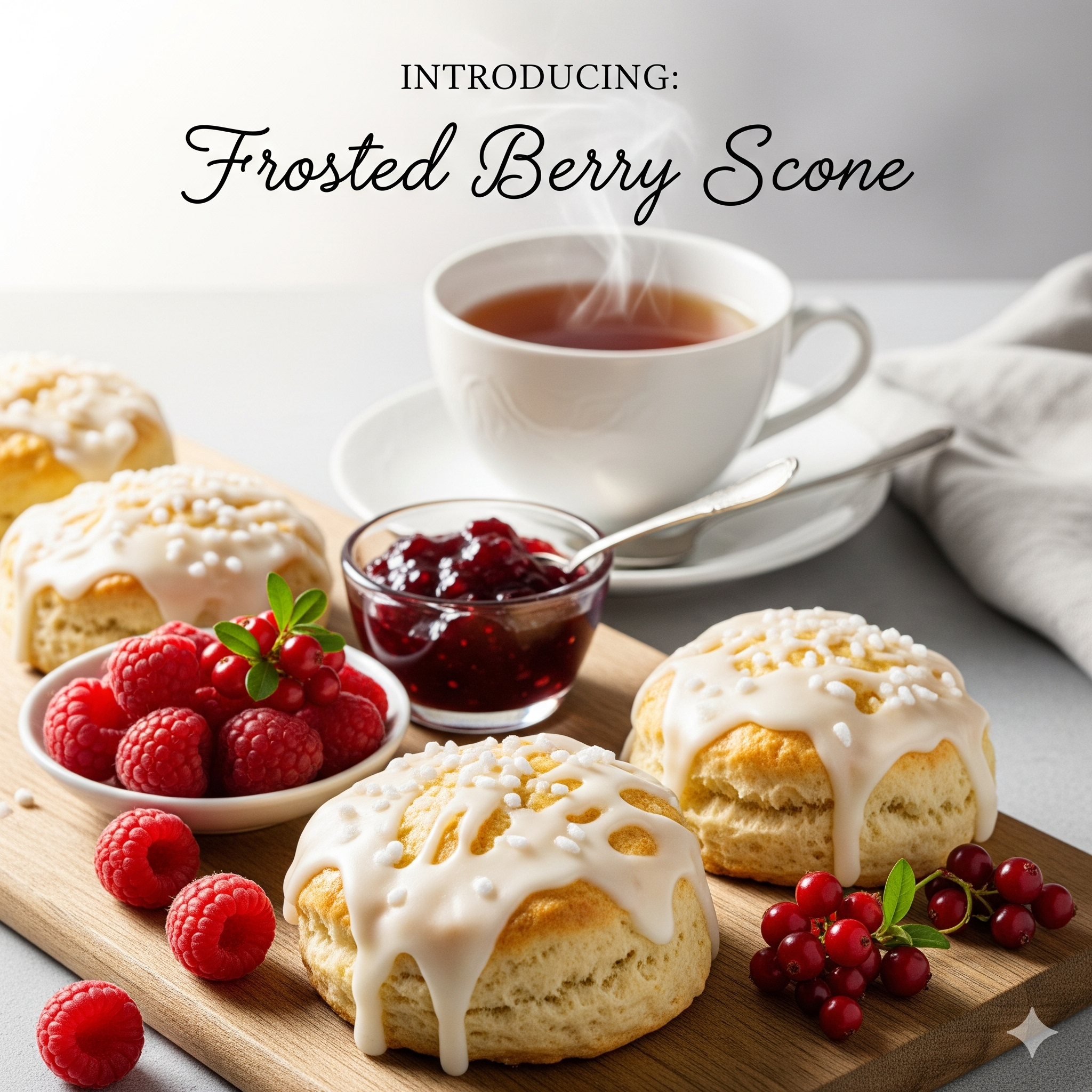 Freshly baked scones with white frosting, served with jam and tea.