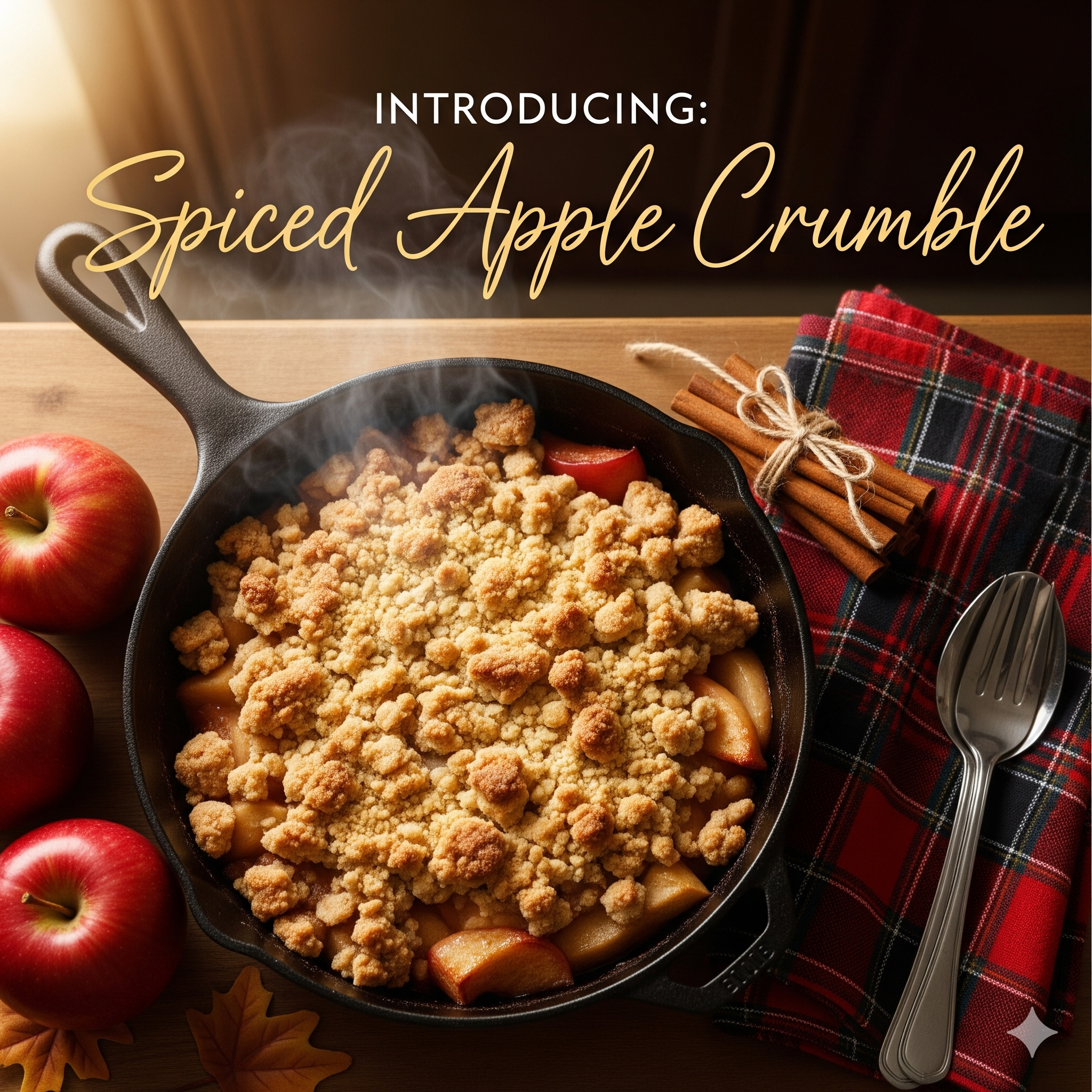 A warm apple crumble in a cast iron skillet with fresh apples and cinnamon sticks.