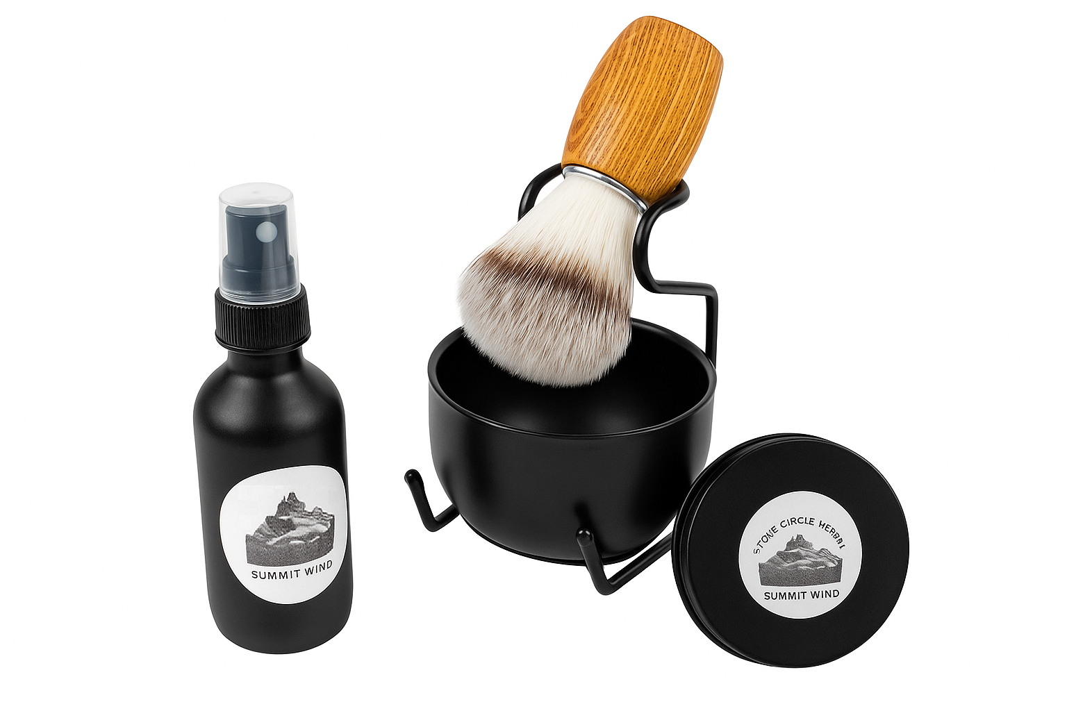 A classic shave brush with a wooden handle, resting in a black stand over a matching black bowl.
